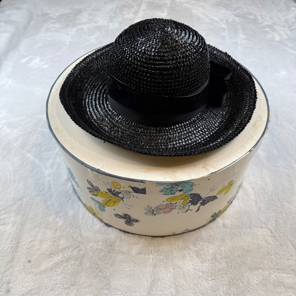 Elizabeth French‎ Room Black Woven Straw Wide Brim Sun Hat Bow Detail